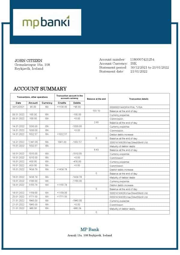 Iceland MP Bank statement template in Word and PDF format (.doc and .pdf)