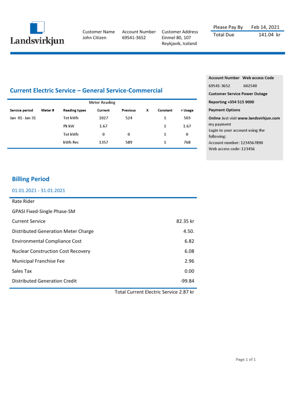 Iceland National Power Company of Iceland Landsvirkjun electricity utility bill template in Word and PDF