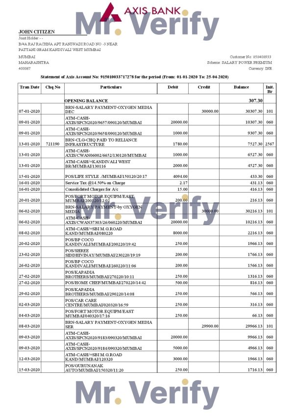 India Axis Bank statement template in .xls and .pdf file format (2 pages)