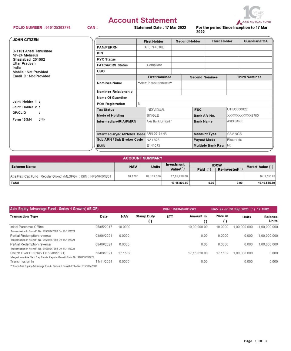 India Axis bank statement, Word and PDF template, 3 pages