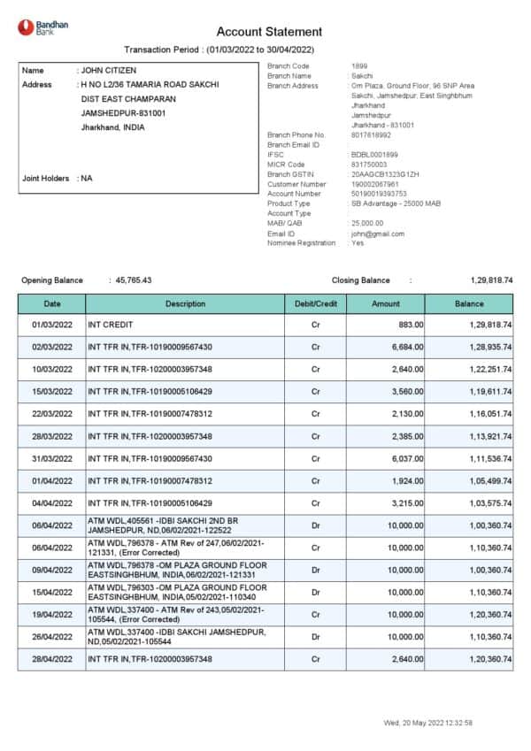 India Bandhan bank statement, Word and PDF template, 2 pages