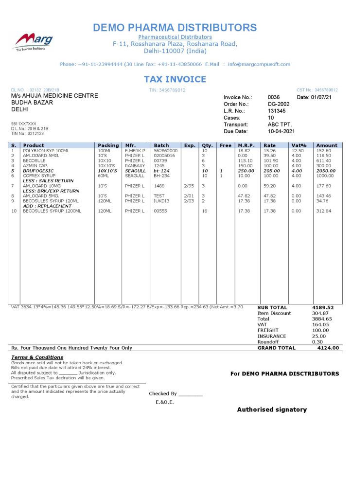 India Demo Pharma Distributor medicine consultancy services invoice template in Word and PDF format, fully editable