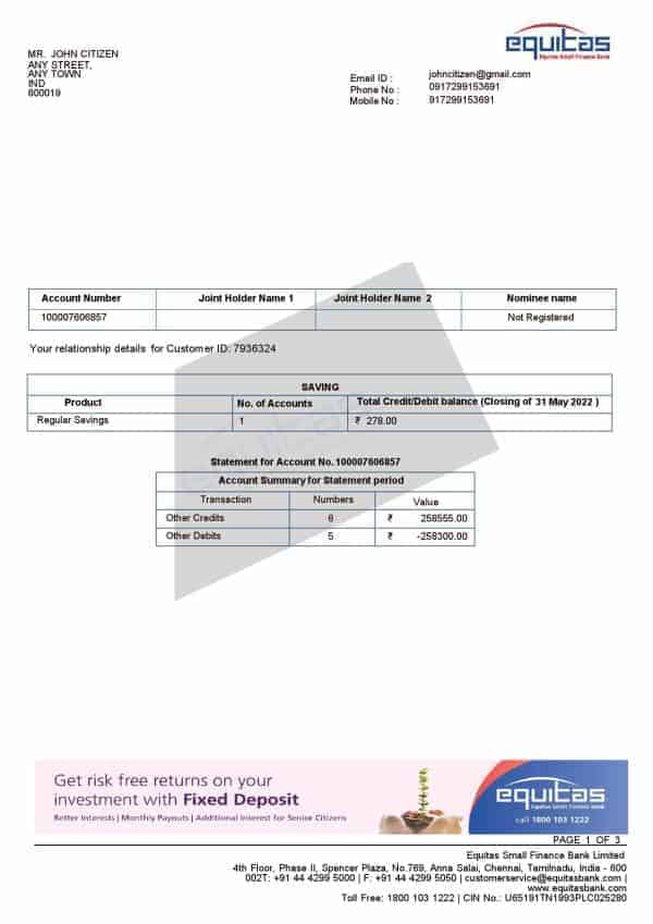 India Equitas bank statement Word and PDF template, 3 pages
