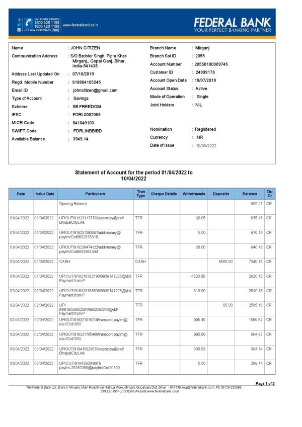 India Federal bank account statement, Word and PDF template, 3 pages