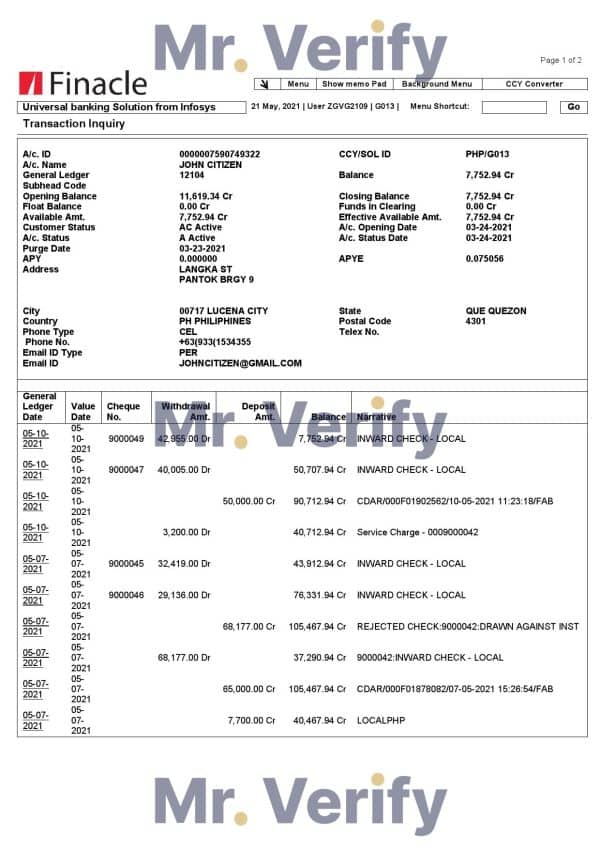 India Finacle bank statement in Word and PDF format (2 pages)