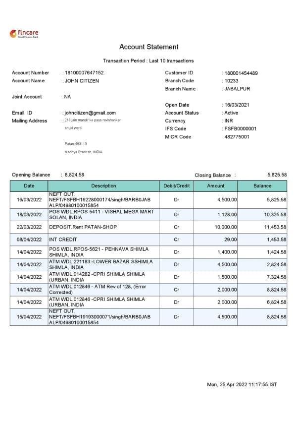 India Fincare bank account statement, Word and PDF template