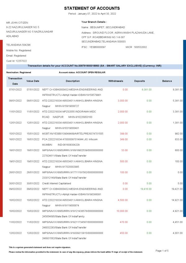 India HDFC bank statement Word and PDF template, 5 pages
