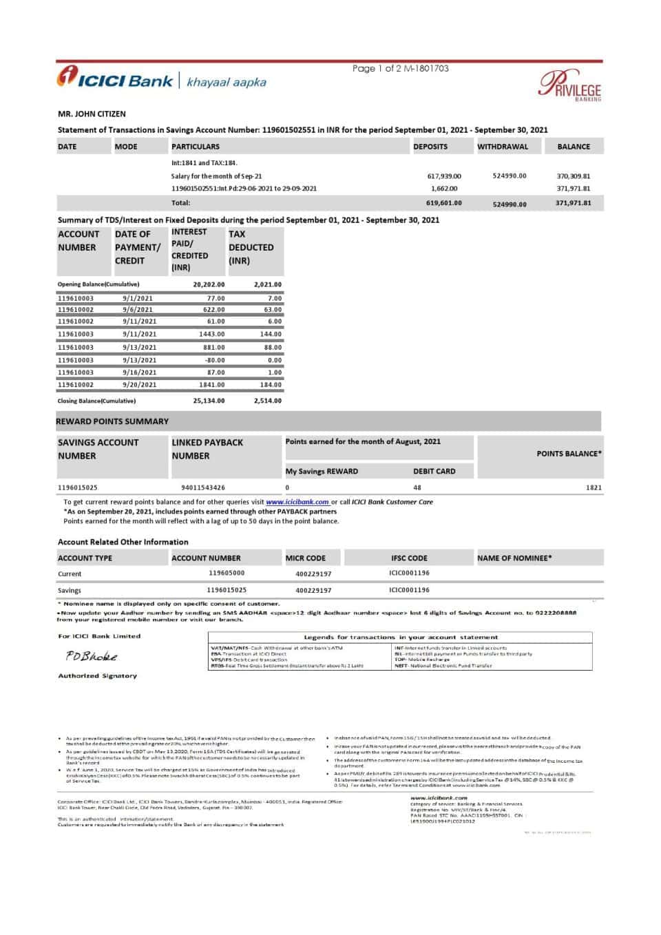 India ICICI Bank statement template in Excel and PDF format (2 pages)