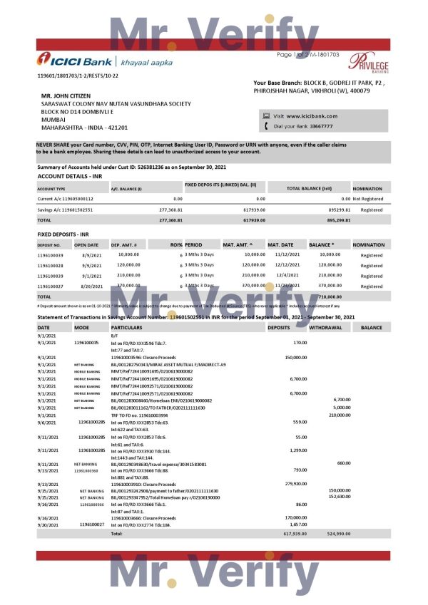 India ICICI Bank statement template in Excel and PDF format (2 pages)