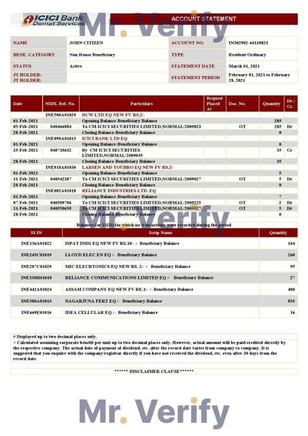 India ICICI Bank statement template in .doc and .pdf format