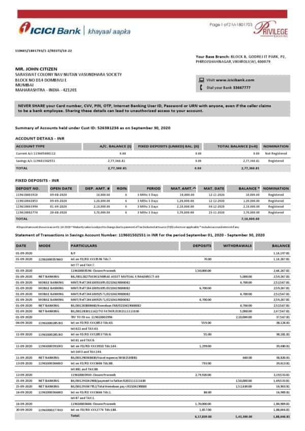 India ICICI Bank statement template in Word and PDF format (2 pages)