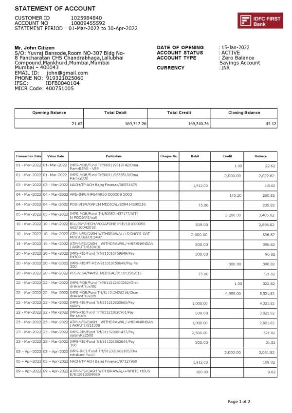 India IDFC First bank statement Word and PDF template, 2 pages
