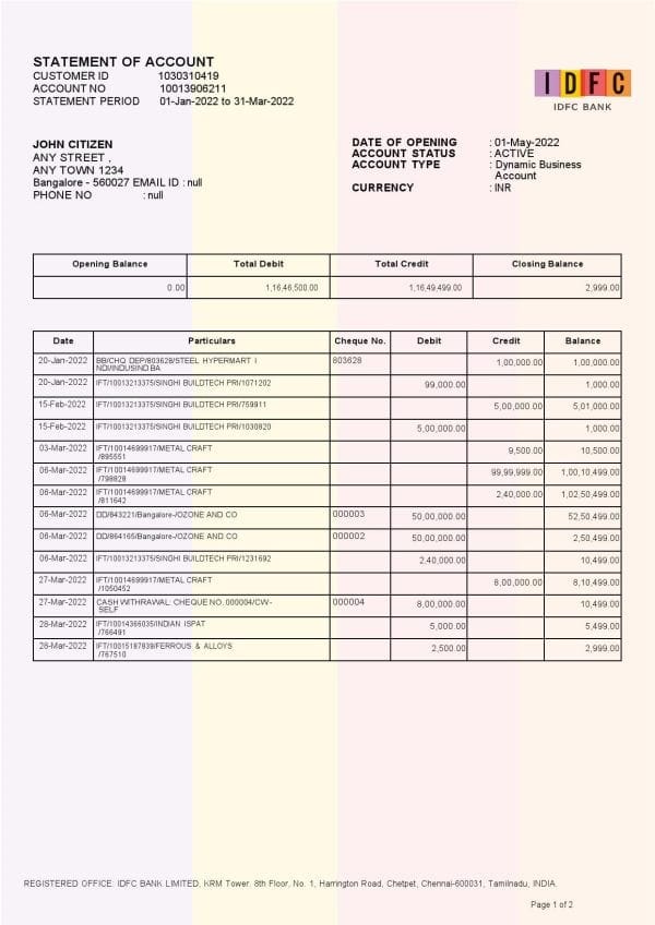 India IDFC bank statement Word and PDF template, 2 pages, version 2