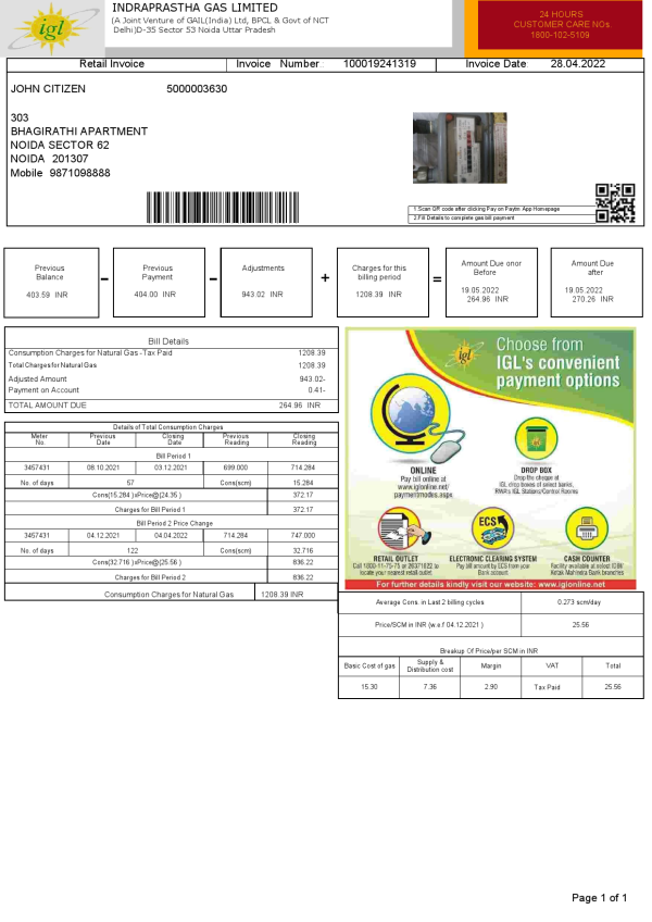 India INDRAPRASTHA GAS LIMITED utility bill template in Word and PDF format