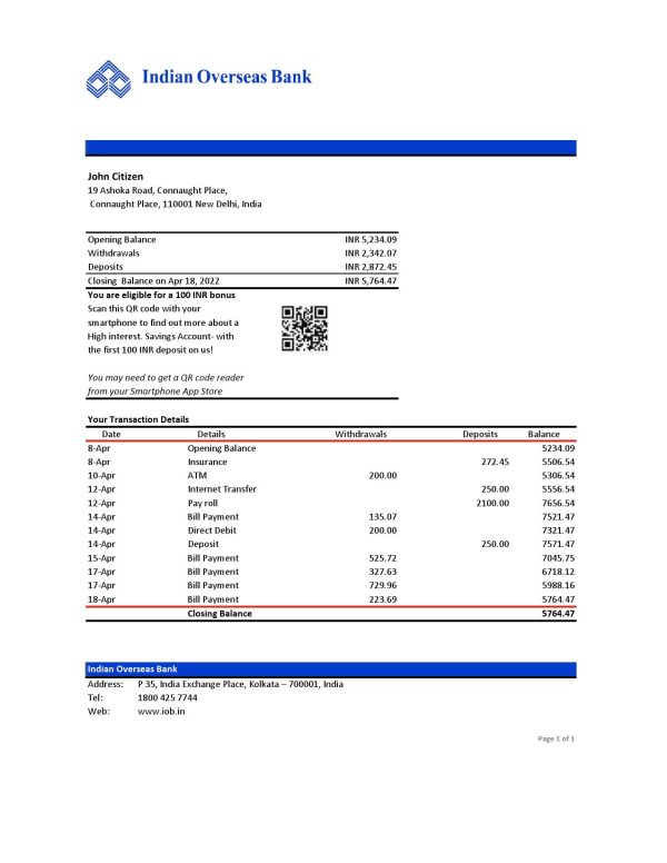 India Indian Overseas Bank statement Excel and PDF template