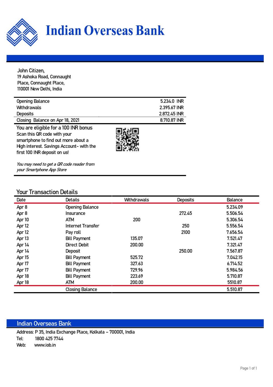 India Indian Overseas Bank statement template in Word and PDF format