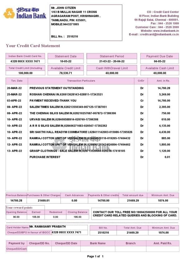 India Indian bank credit card statement, Word and PDF template, 2 pages