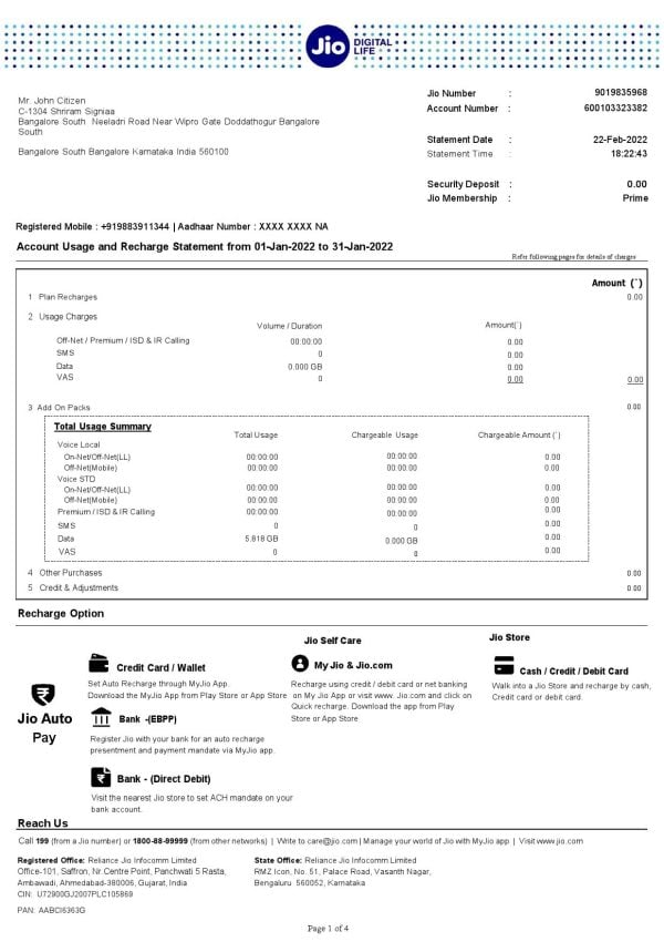 India Jio Digital Life bank statement, Word and PDF template, 4 pages