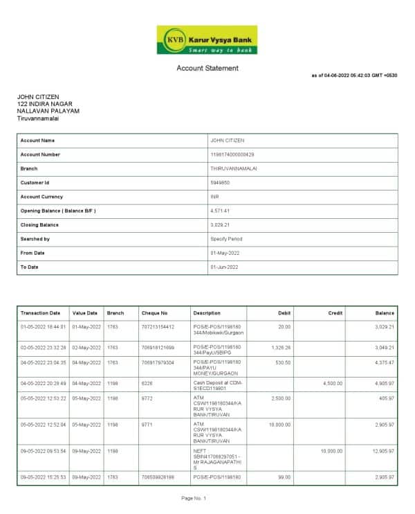 India KVB bank statement, Word and PDF template, 2 pages