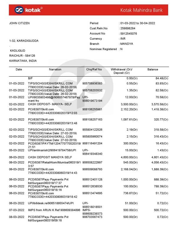 India Kotak Mahindra bank statement Word and PDF template, 7 pages