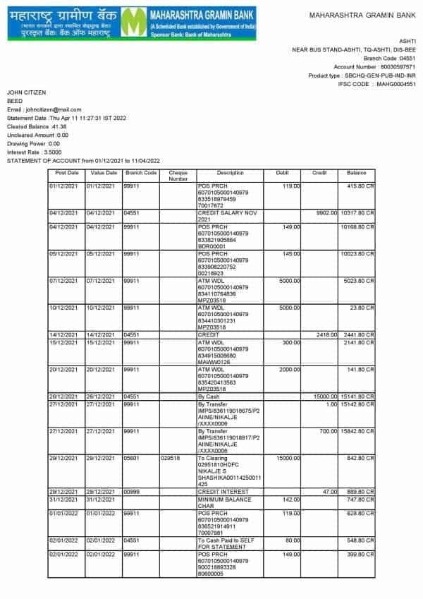 India Maharashtra bank statement, Word and PDF template, 2 pages