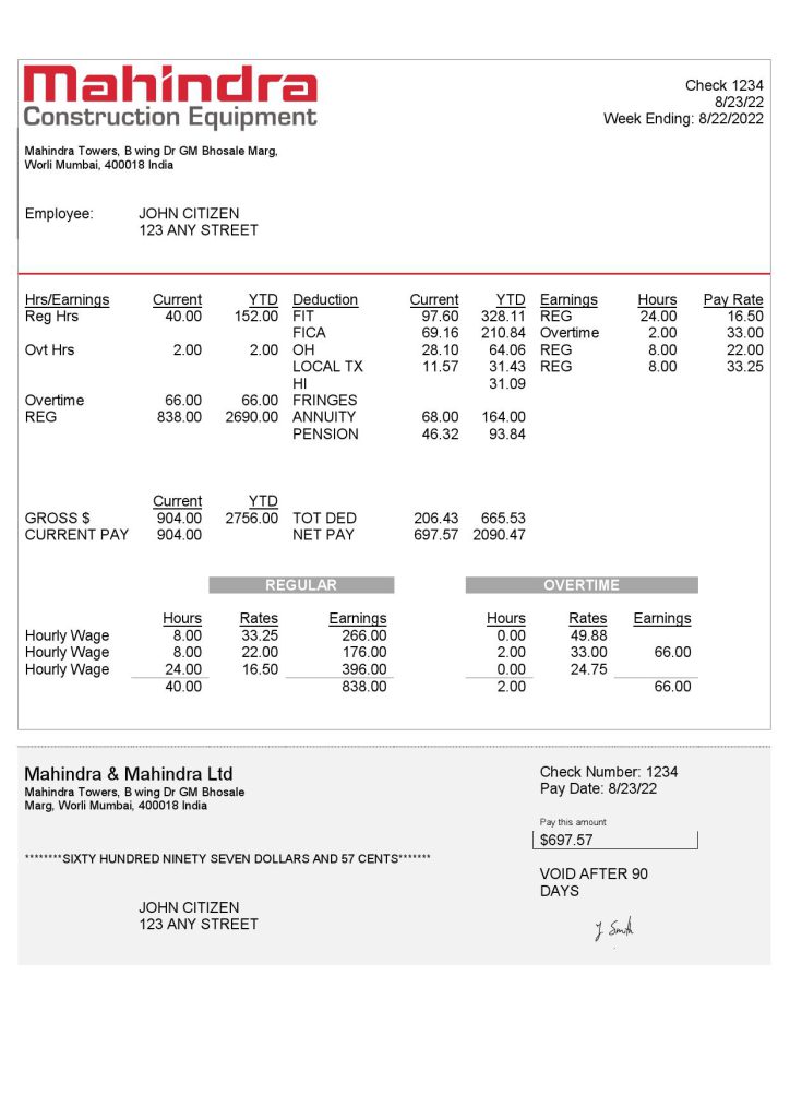 India Mahindra & Mahindra Ltd automotive industry company pay stub Word and PDF template