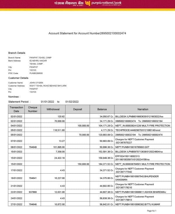 India Punjab National Bank statement Word and PDF template, 2 pages, version 2