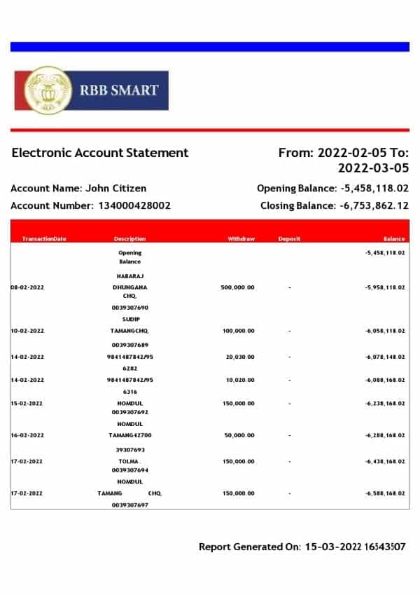 India RBB Smart bank statement, Word and PDF template, 2 pages