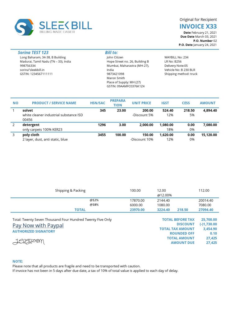 India Sleek Bill invoicing software company invoice template in Word and PDF format, fully editable
