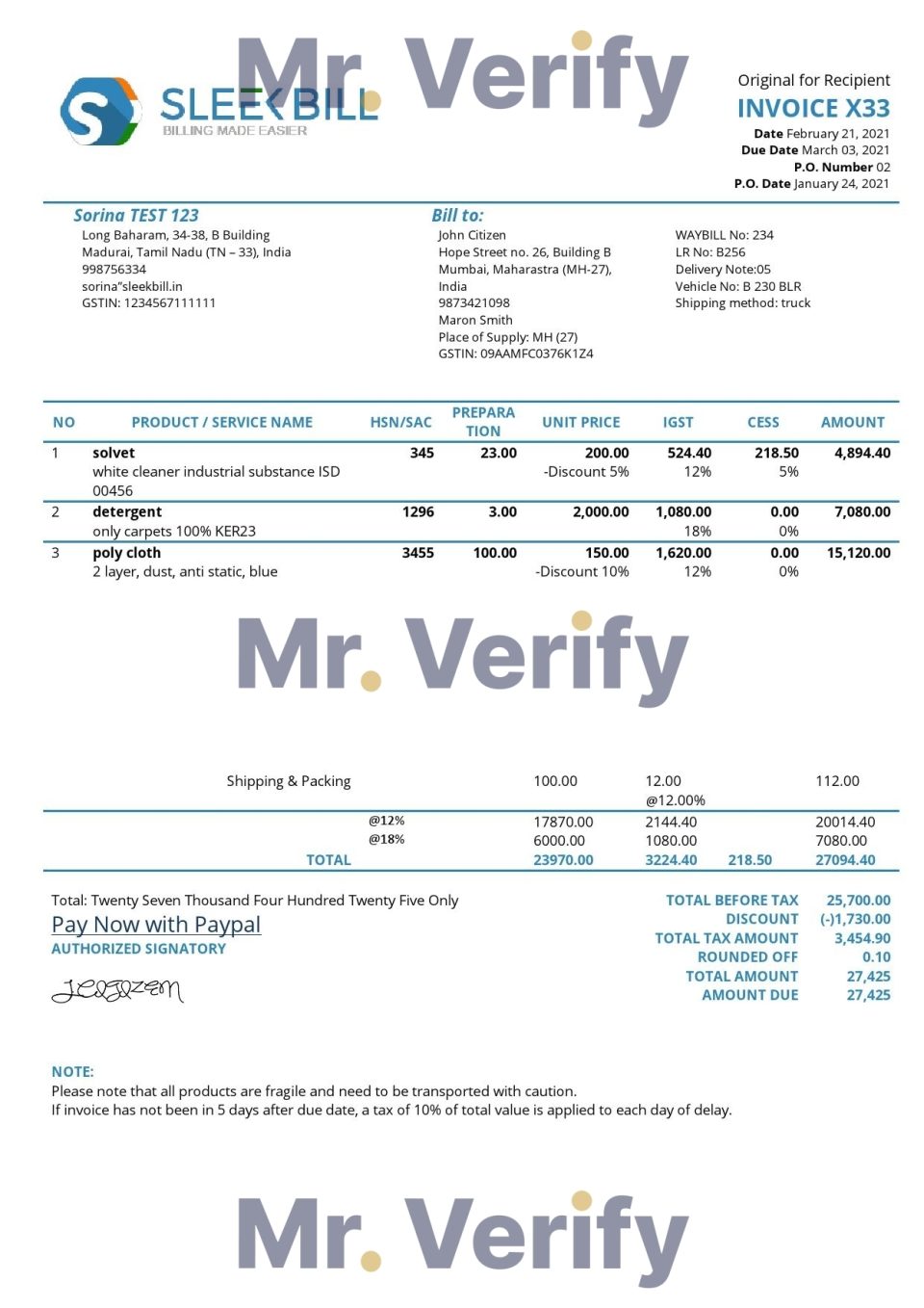 High-Quality India Sleek Bill Invoice Template PDF | Fully Editable
