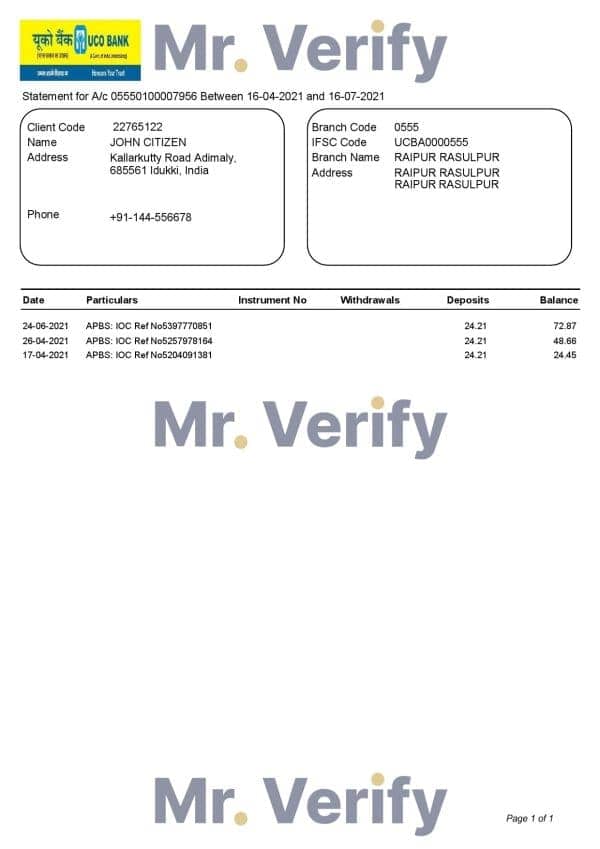 India UCO bank statement template in Word and PDF format