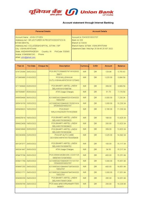 India Union Bank of India bank statement Word and PDF template, 2 pages