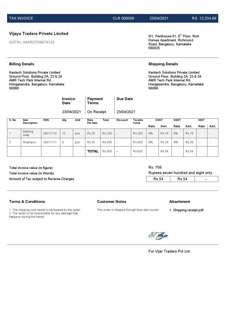 High-Quality India Vijaya Traders Private Limited Company Invoice Template PDF | Fully Editable