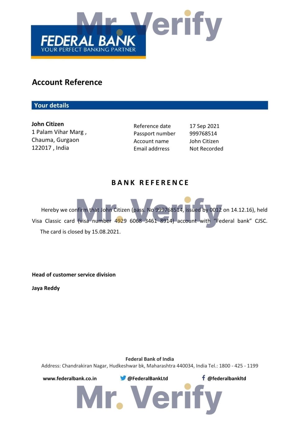 Download India Federal Bank Reference Letter Templates | Editable Word