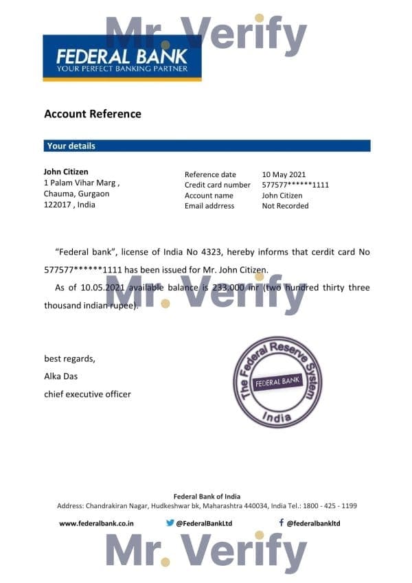 Download India Federal Bank Reference Letter Templates | Editable Word