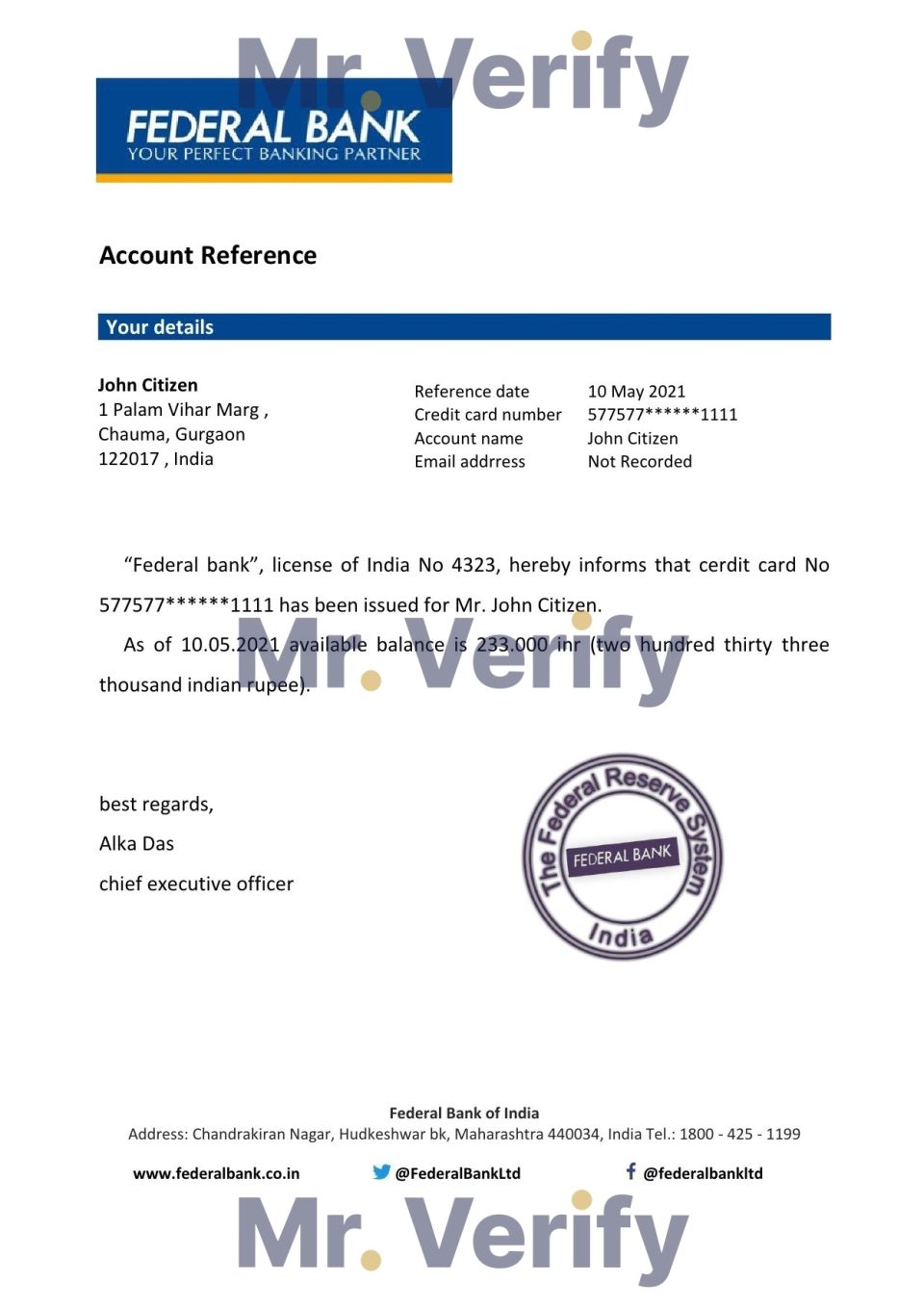 Download India Federal Bank Reference Letter Templates | Editable Word