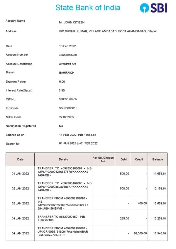 India State Bank of India (SBI) bank statement Word and PDF template, 2 pages