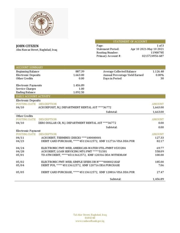 Iraq Rasheed proof of address bank statement in Word and PDF format