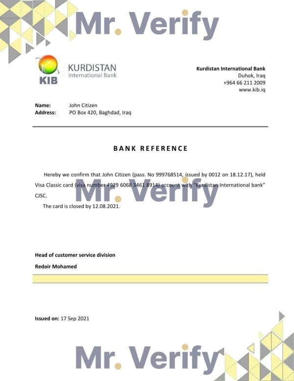 Download Iraq Kurdistan International Bank Reference Letter Templates | Editable Word