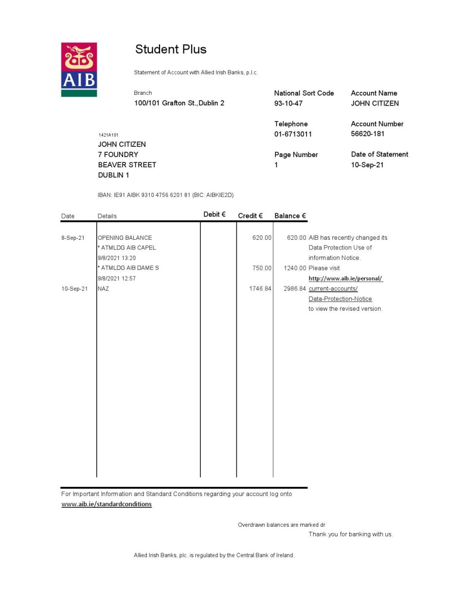 Ireland AIB bank statement easy to fill template in Excel and PDF format