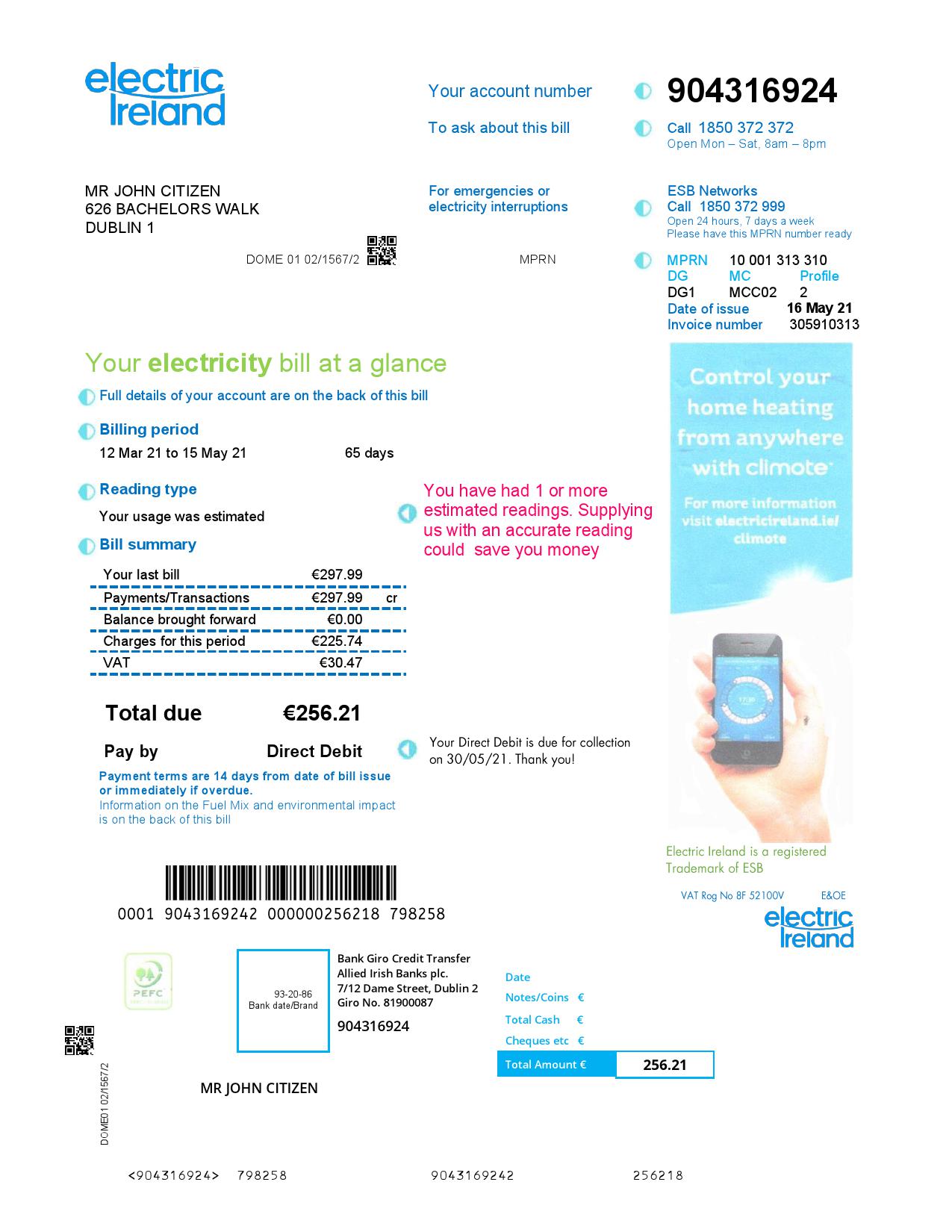 Ireland Electric Ireland utility bill template in Word and PDF format