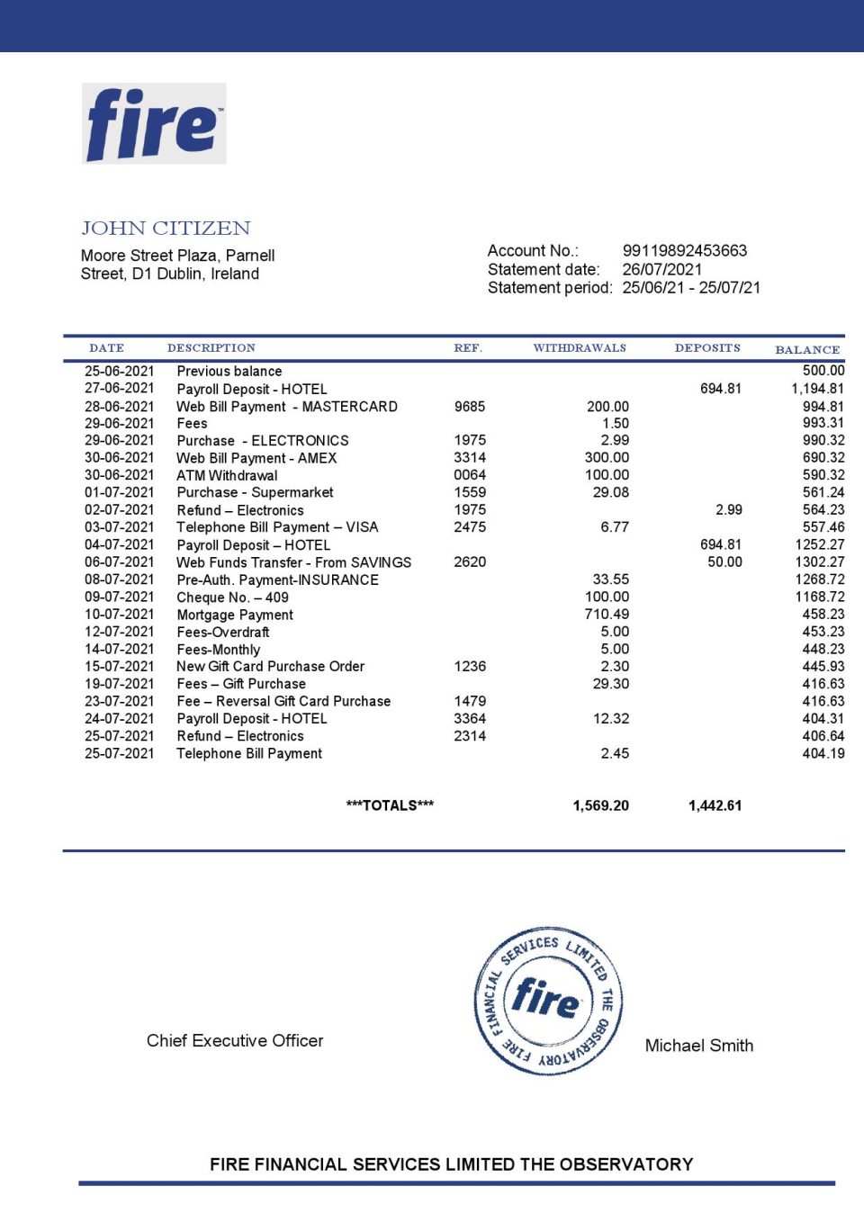 Ireland Fire Financial Services Limited account statement template in Word and PDF format