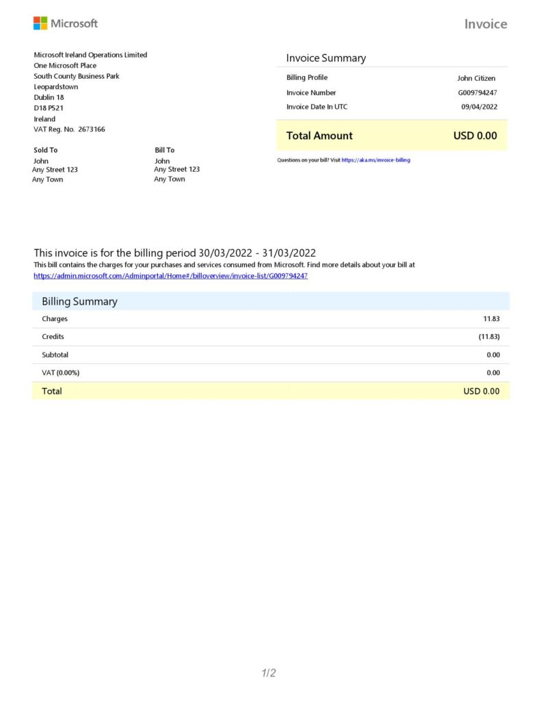 Ireland Microsoft Ireland Operations Limited invoice Word and PDF template, 2 pages