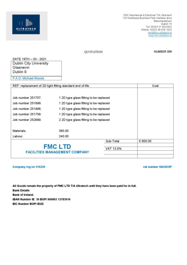 Ireland Ultratech Pvt Ltd invoice template in Word and PDF format