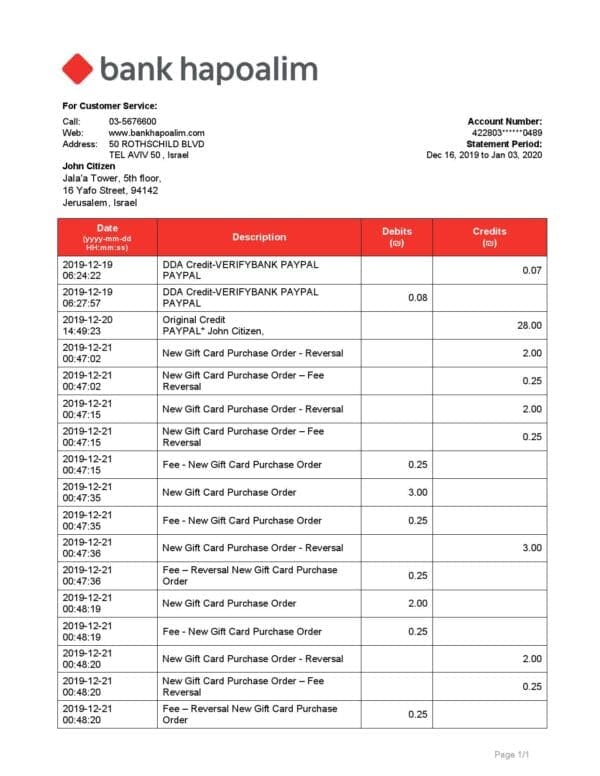 Israel Bank Hapoalim proof of address bank statement template in Word and PDF format