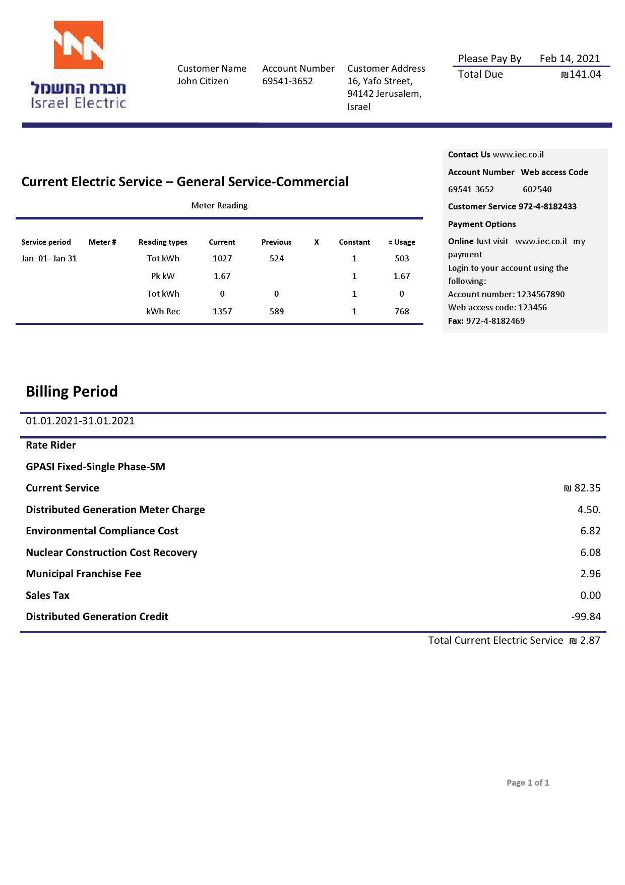 Israel Electric Corporation utility bill template in Word and PDF format (.doc and .pdf)