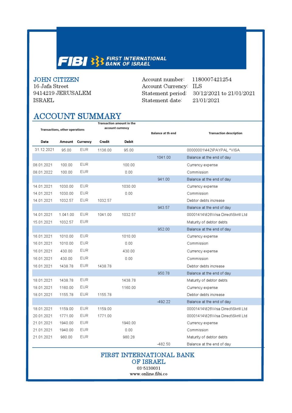 Israel First International Bank of Israel bank statement easy to fill template in Excel and PDF format