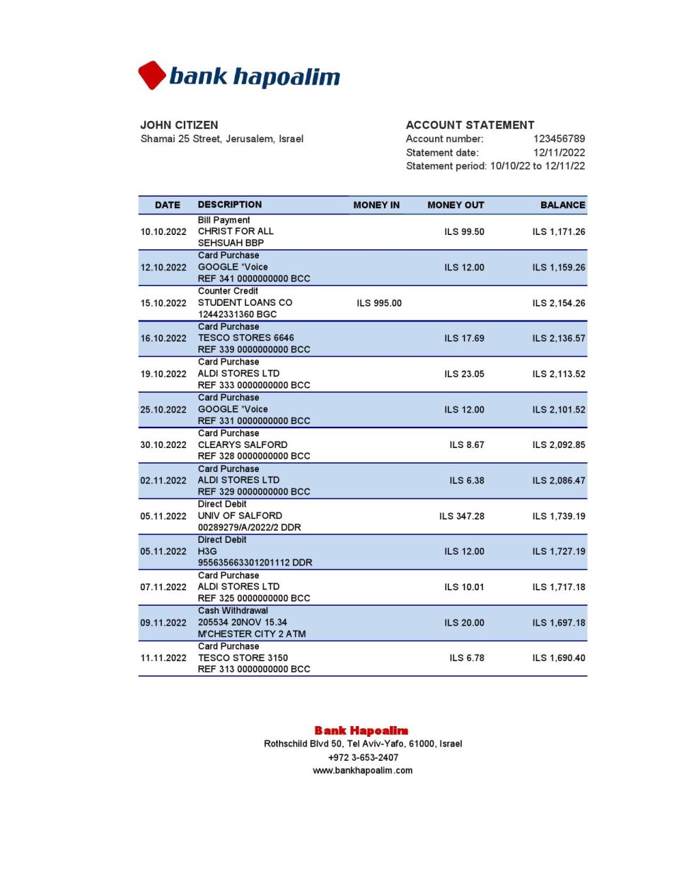 Israel Hapoalim bank statement Excel and PDF template