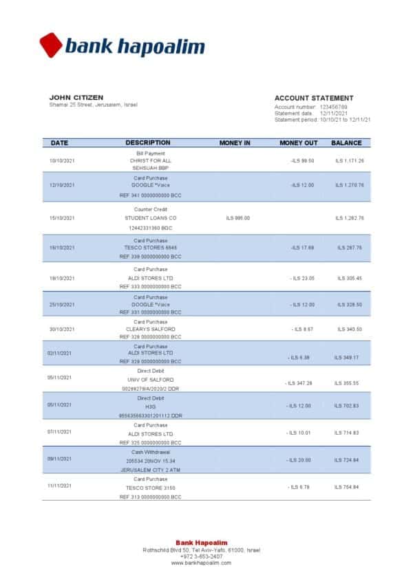 Israel Hapoalim proof of address bank statement template in Word and PDF format