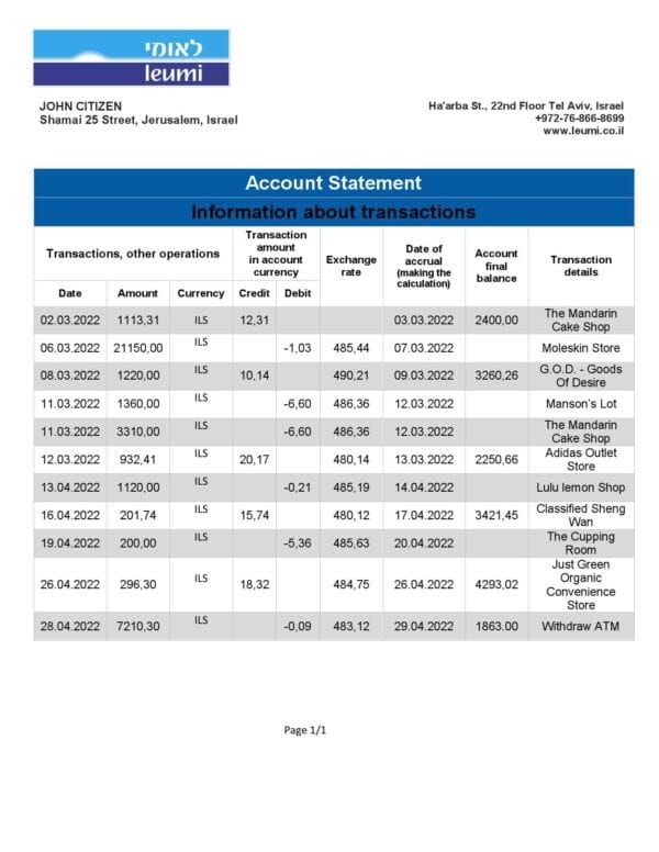 Israel Leumi proof of address bank statement template in Word and PDF format